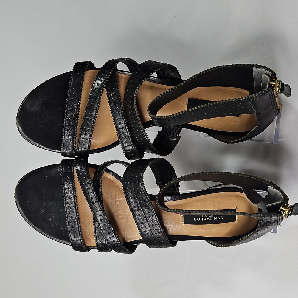 Ann Taylor Black Leather Strappy Sandals With Zipper Size 8